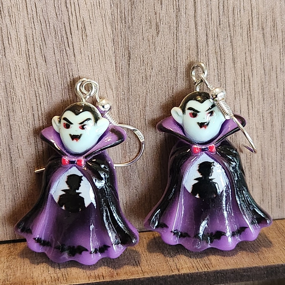 Vampire Count Dracula Halloween Dangle Earrings Purple Black Gothic Resin Hook